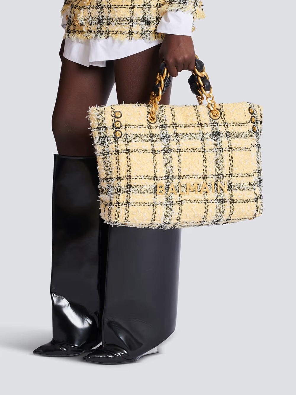 Balmain yellow and black Plaid tweed 1945 tote bag - Picture 9 of 9